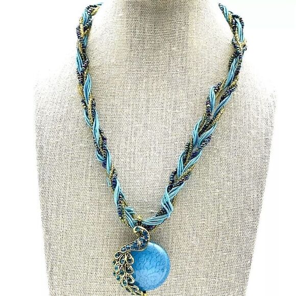 New Blue Natural Round Stone Rhinestone Peacock Beaded Statement Necklace - Picture 3 of 7